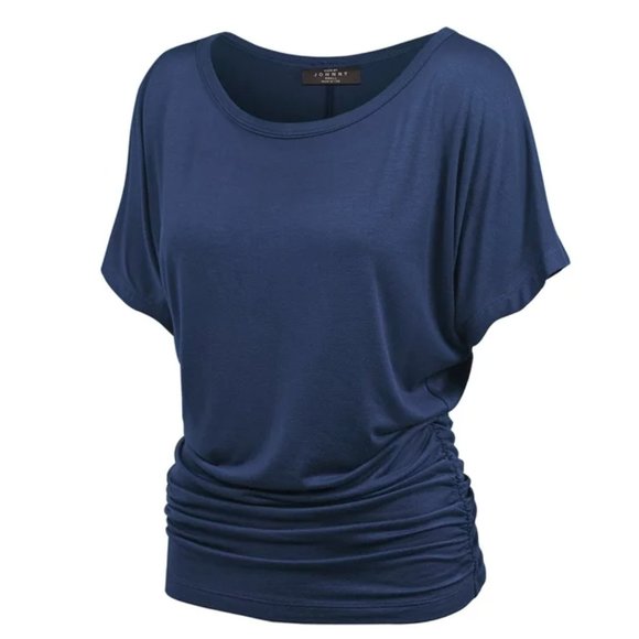 Made by Johnny Tops - Made by Johnny Women's Blue Short Sleeve Boat Neck Dolman Top Side Shirring